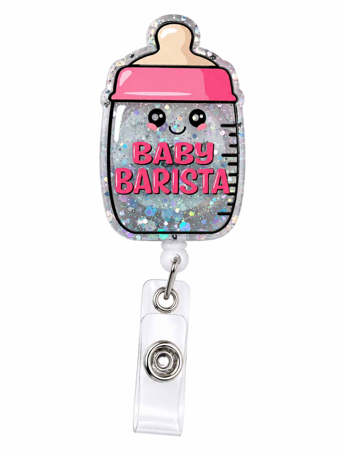 Pink Baby Barista Glitter Badge Reel