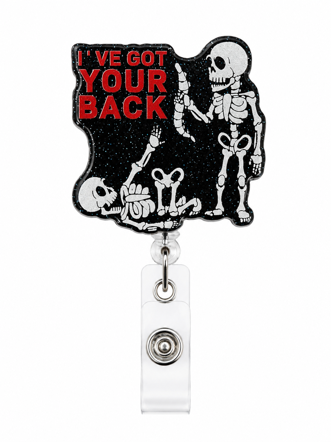 Got Your Back Glitter Halloween Skelton Badge Reel